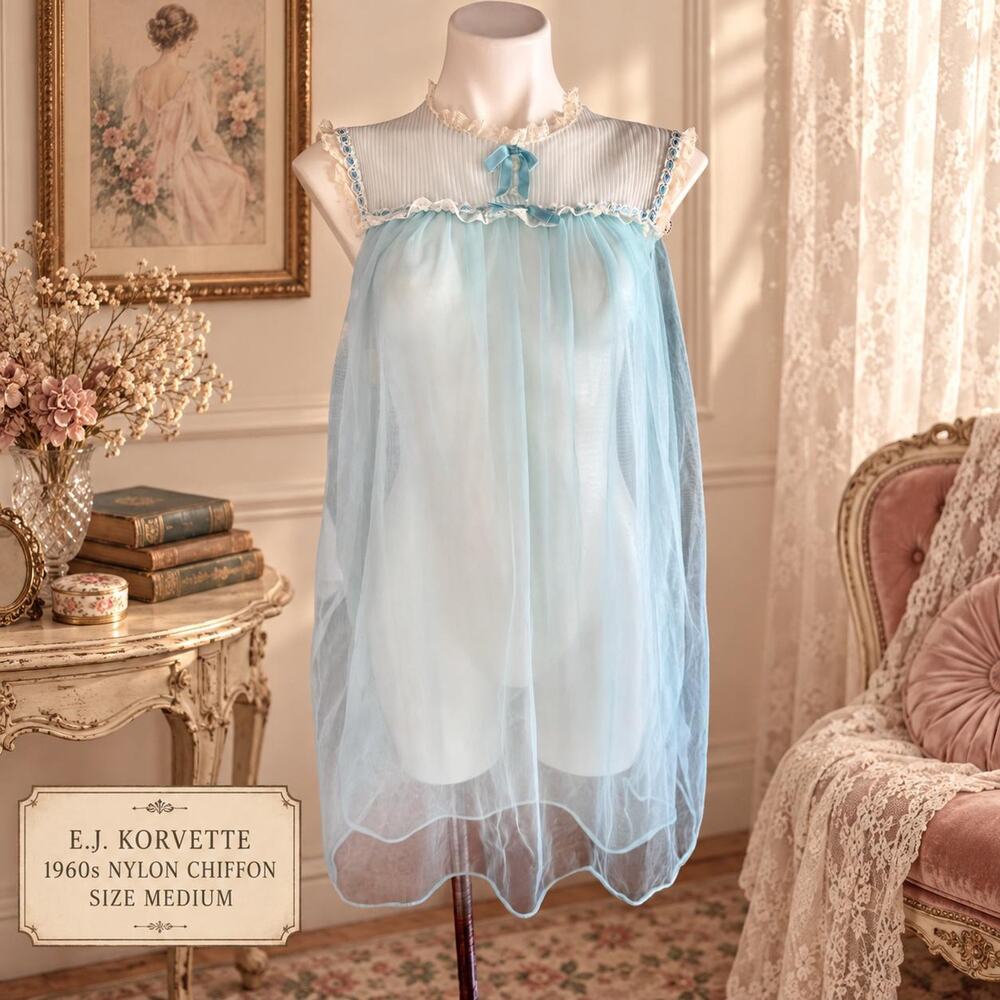 Vintage E.J. Korvette 1960s Nylon Chiffon Babydoll Nightgown Size Medium